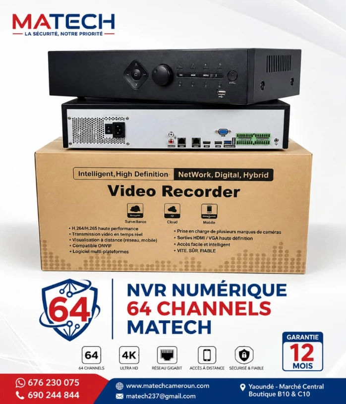 ENREGISTREUR NVR 8mp -4k NUMÉRIQUE MATECH 64ch 4x8hdd  IP NON POE